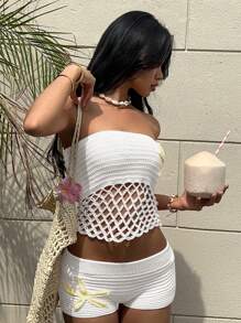 Aloruh 女式 Y2K 性感热裤超低腰针织海星图案短裤，适合度假和日常穿着，春夏季，低腰短裤，秋冬季舒适短裤 - 白色 - 查看 5