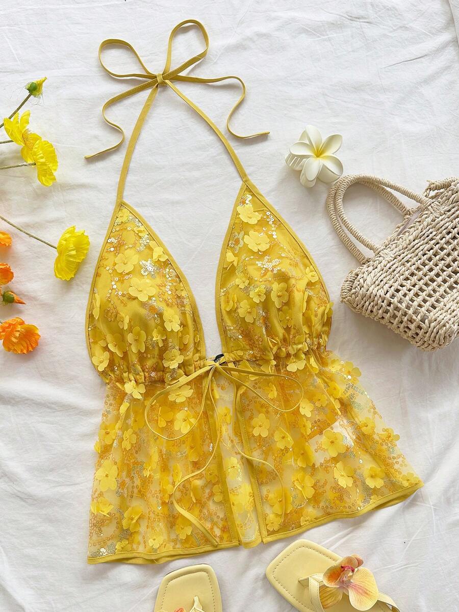 Soleia Áo hai dây hở lưng thêu họa tiết du lịch dành cho nữ, thích hợp cho các dịp lễ, hẹn hò, trà chiều, lễ hội âm nhạc, bãi biển, mùa hè, phong cách Boho, móc len, vải lanh - Màu vàng - Xem 1