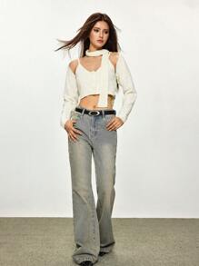 INAWLY Bộ áo len cardigan dài tay màu trơn và áo ba lỗ crop top dệt kim ngắn cho nữ - trắng - Xem 4