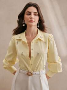 Anewsta Women's Casual/Office Wear Long Sleeve Rhinestone Button Blouse Women Shirt