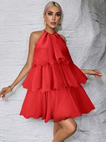 Firerie فستان أنثوي بلون واحد بسيط مكرطم و بدون حمالات - الأحمر - مشاهدة 4