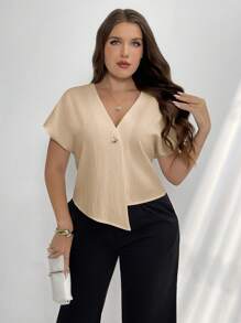 Firerie 大码优雅纯色V领不对称下摆露肩上衣，适合夏季/情人节/演唱会/演出服/约会/毕业晚宴/舞蹈/婚礼季/性感/优雅/通勤/返校季/度假/海滩/浪漫优雅/职场女神/性感女神/生日派对等场合 - 卡其色 - 查看 6