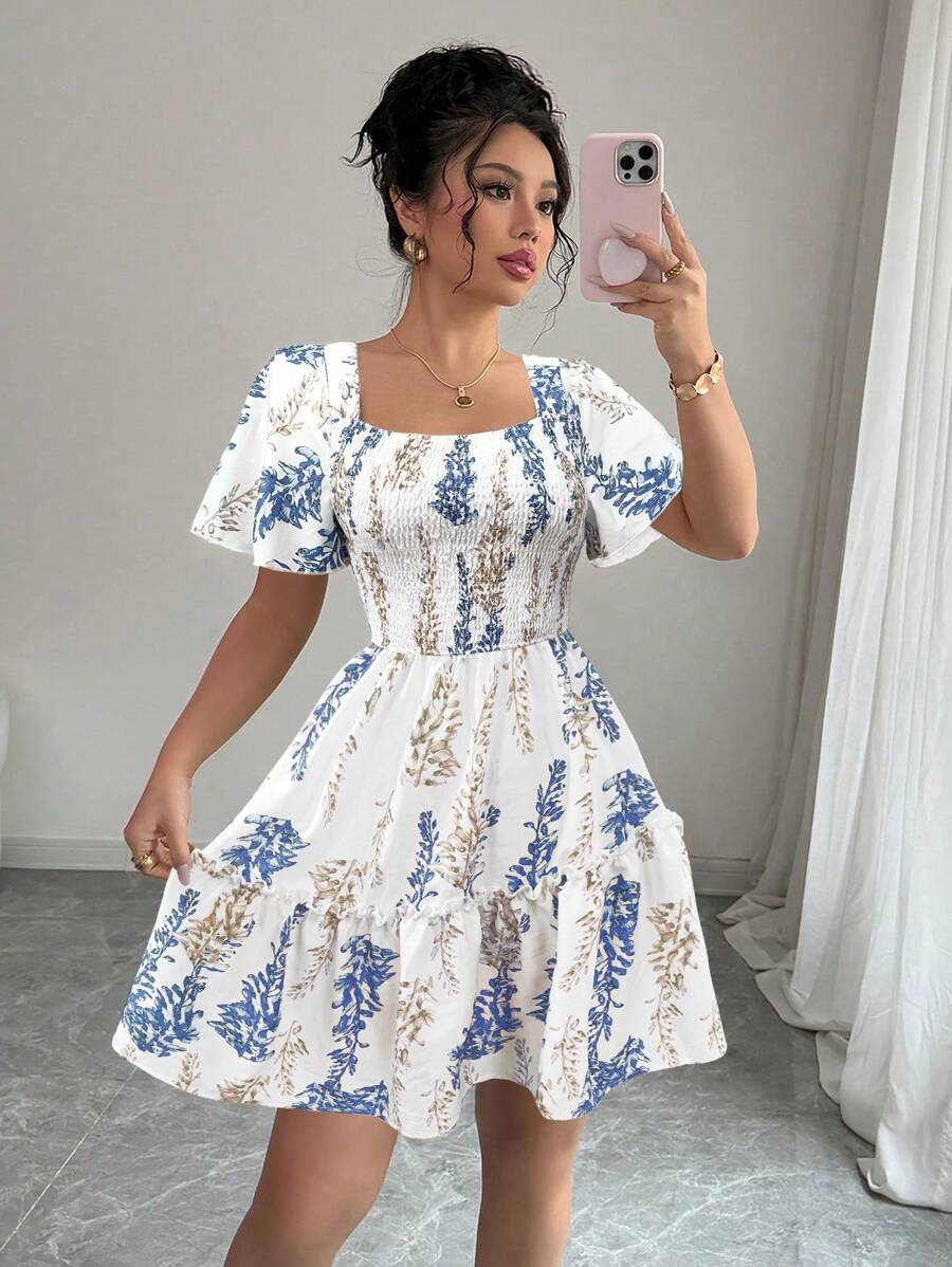 Elenzga Women's Elegant And Chic Commuter Casual Vacation Romantic Gentle Lady Ruffled Short Sleeve Square Neck Waist Fitted A-Line Hem Floral Print Mini Dress (Random Print) - White - View 1