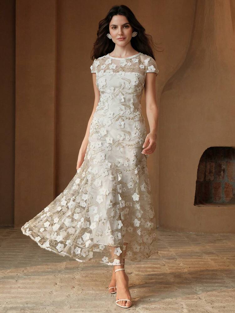 Elegant Romantic 3D Floral Transparent Waist Fit-And-Flare Long Dress For Dates