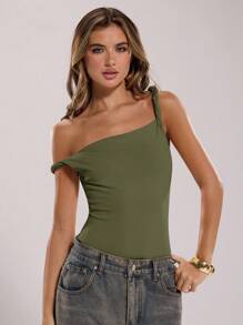 SHEIN BAE Women's Summer Solid Black Asymmetric Neck Twist Detail Casual Bodysuit / Fashion Streetwear, Versatile Minimalist / Sleeveless Fitted Bodysuit - Army Green - View 6