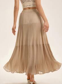 Aveloria Rosie Elegant French Design 3-Tier Pleated A-Line High-Waisted Casual Versatile Women's Skirt Fall Cloth For Women - Beige - View 2