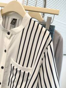 SHEIN LUNE Spring/Summer/Autumn Elegant Office Lady Casual Fashionable Striped Floral Pattern Versatile Comfortable Fabric Shirt Collar 3/4 Sleeve Spliced Cardigan, Black & White, Plus Size