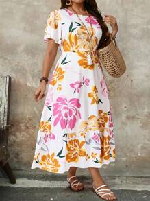 SHEIN PETITE Robe à col rond avec manches à volants et imprimé floral style français, grande taille