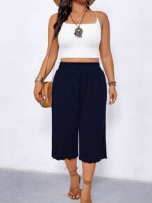 EMERY ROSE Plus Size Women Casual Ruffle Trim Wide Leg 3/4 Pants - Navy Blue - View 7