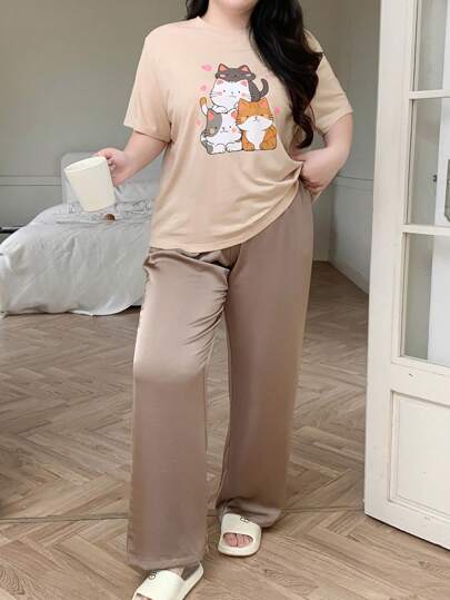 Dazy Plus Cartoon Cat Print Loose Shirt And Elastic Waist Pants Pajama Set Casual Sets For Women