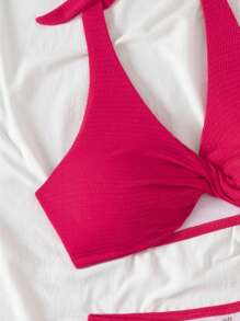 Swim DD+ DD+ Series Women Summer Textured Solid Color Backless Bikini Set 2 Pieces - Hot Pink - View 4