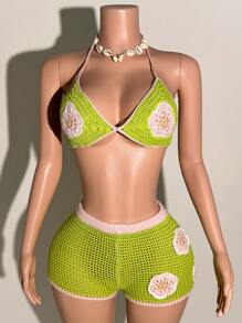 Slaydiva Green Floral,Summer,Boho,Vacation,Holiday Women 2Pcs Crochet Knit Swimsuit, Flower Pattern Triangle Bikini Top+Shorts,Music Festival Beach Party - Green - View 3