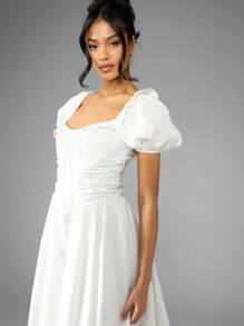 MISSGUIDED Cottage Core 泡泡袖中长连衣裙方领褶饰紧身胸衣茶会草原夏季婚礼宾客招待会伴娘花园派对复活节 - 白色 - 查看 5