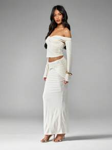 MISSGUIDED Off Shoulder Twisted Co Ord Set Long Sleeve Crop Top Maxi Skirt Evening Party Club Wedding Guest Winter Fall Spring Two Piece Outfit - Apricot - View 6