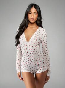 MISSGUIDED Mono de manga larga con estampado de cerezas, de punto acogedor, de estilo vintage, inspiración retro para primavera y verano, pijama de mono corto - Multicolor - Ver 4