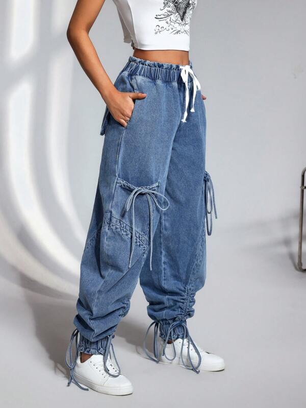 SHEIN ICON Women's Solid Color Drawstring Waist Tied Pocket Casual Jeans
