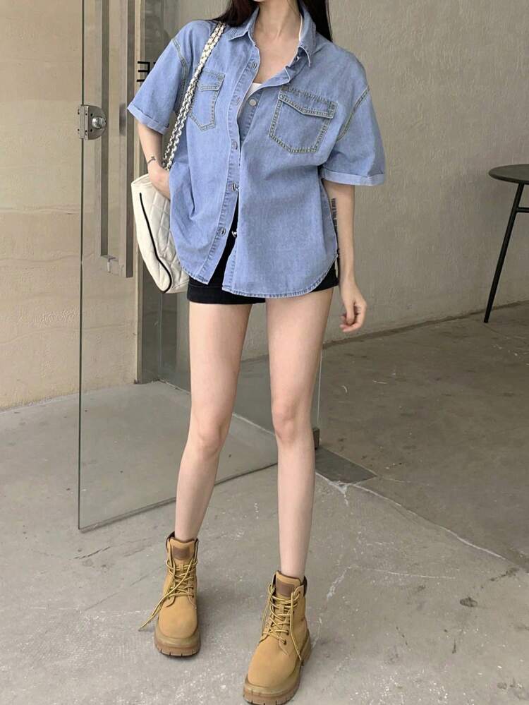 Women's Short Sleeve Single-Breasted Denim Jacket