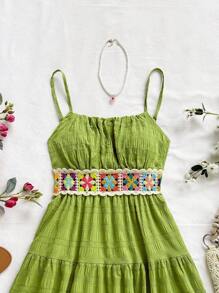 Soleia 夏季度假女士纯色休闲杏色70年代服装复古夏季钩针拼布褶皱荷叶边收腰A字连衣裙 - 青檸色 - 查看 6