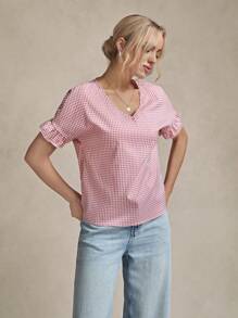 SHEIN LUNE Women's Gingham Printed Blouse With Front Tie, Ruffle Hem, Lantern Sleeve, Casual For Commuting & Outdoor Wear Summer Outfits For Women Vacation Outfits Woman Western Wear Women Boho