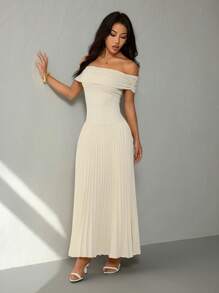 SHEIN PETITE Váy dạ hội 1 mảnh trễ vai màu trơn xếp ly thanh lịch - Màu be - Xem 5