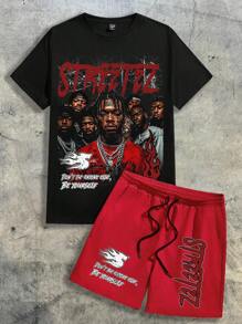 AXEPEAK 2pcs Men's Set: Black Top And Red Shorts Summer Outfit, Streetwear Casual - Multicolor - View 2