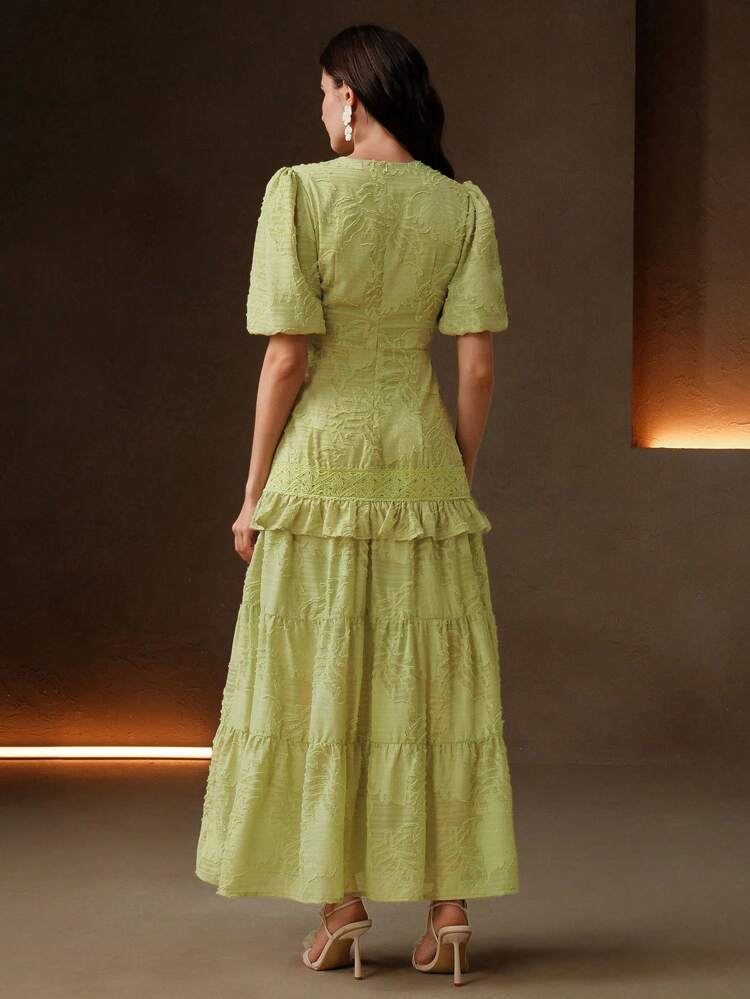 Women's Elegant V-Neck Puff Sleeve Ruffled Hem Dress, Suitable For Spring/Summer, Festival, Graduation