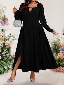 Bellastra Plus Size Solid Long Sleeve Dress, Simple & Fashionable Suitable For Summer - Navy Blue - View 3