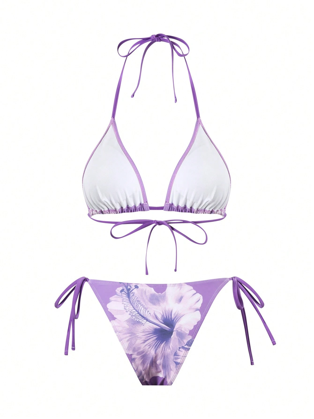 Swim Oasis 3 peças/Conjunto Roupas de Praia e Férias Femininas de Verão, Conjunto de Maiô Bikini com Estampa Floral e Vestido Beachwear com Laço Frontal de Tule, Estilo Boêmio de Férias - Roxo - Visão 4