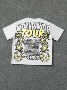 Manfinity EMRG 男士字母与星星图案宽松圆领短袖 T 恤，夏季图案 T 恤，白色图案 T 恤，男士双面印花 T 恤，图案 T 恤，世界巡回 T 恤 - 黃色 - 查看 2