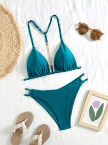 Swim Basics 女式纯色露背短款上衣和低腰三角裤比基尼泳装两件套 - 水鴨藍 - 查看 5