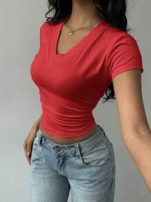 SHEIN BASICS Casual Solid Color V-Neck Short Sleeve Fitted Women T-Shirt