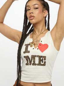 SUMWON WOMEN I Love Me Leopard Print Crop Tank Top V Neck Fitted Sleeveless Summer Festival Casual Everyday Statement Cotton - White - View 4