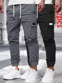 Manfinity Homme Pantalones cargo casuales de color liso y minimalistas con cordones para hombres