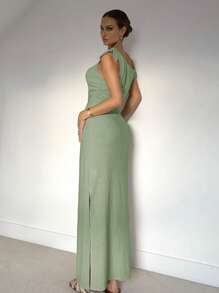 Siren Gaze Women Plain Minimalist Asymmetrical Shoulder Long Dress Elegant Summer Evening Dress Party Green Christmas - Mint Green - View 2