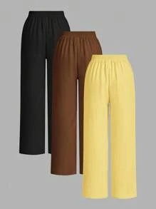 SHEIN Essnce 3 件套简约纯色纹理直筒裤，休闲女士夏季裤子 - 彩色 - 查看 2
