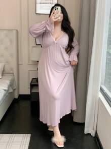 Dazy Plus Váy ngủ dài thắt eo có nơ cổ hình trái tim cỡ lớn, màu hoa oải hương, đồ ngủ, dành cho mùa thu, mùa đông - Màu tím hoa cà - Xem 4