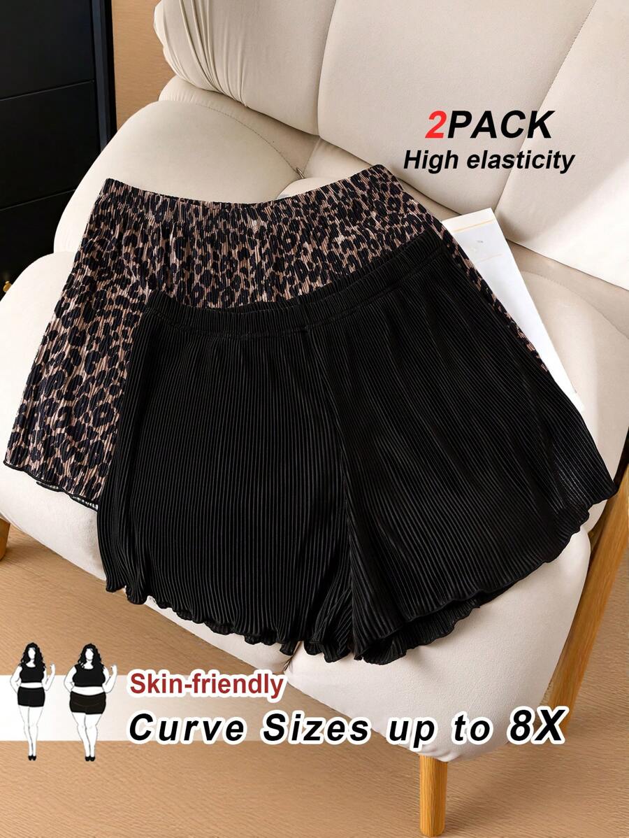 SHEIN CURVE+ 2 Pcs/Set Plus Size Summer Casual Leopard Print & Solid Color Pleated Shorts/Graphic Tees - Multicolor - View 1