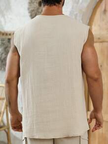 Manfinity RSRT 男士纯色圆领纽扣休闲度假背心，夏季 - 卡其色 - 查看 2