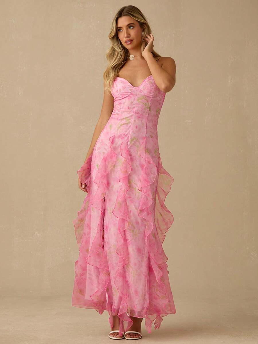 Enchnt 春夏浪漫女士淡粉色玫瑰印花细肩带欧根纱开衩连衣裙，甜美优雅，适合度假、约会、节日、派对、毕业典礼、婚礼嘉宾和海滩，舞会礼服，女士夏季连衣裙，女士太阳裙，夏季服装，优雅的派对连衣裙