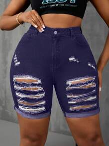 Slaydiva Plus Size Women Distressed Skinny Denim Cycling Pants - Purple - View 7