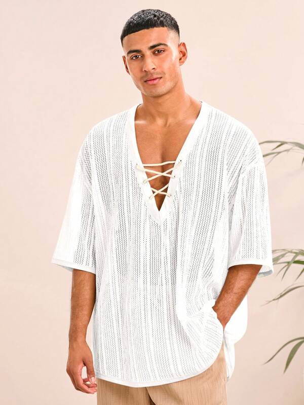 Manfinity VCAY Men's Knitted Fashion Casual Loose Short Sleeve V-Neck Shirt