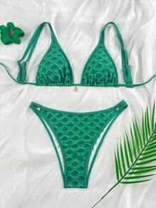 Swim Mod 2026春夏2件套女士新款可调节肩带蓝色花卉随机印花金色圆盘装饰性感高腰侧边度假比基尼套装 - 綠色 - 查看 2