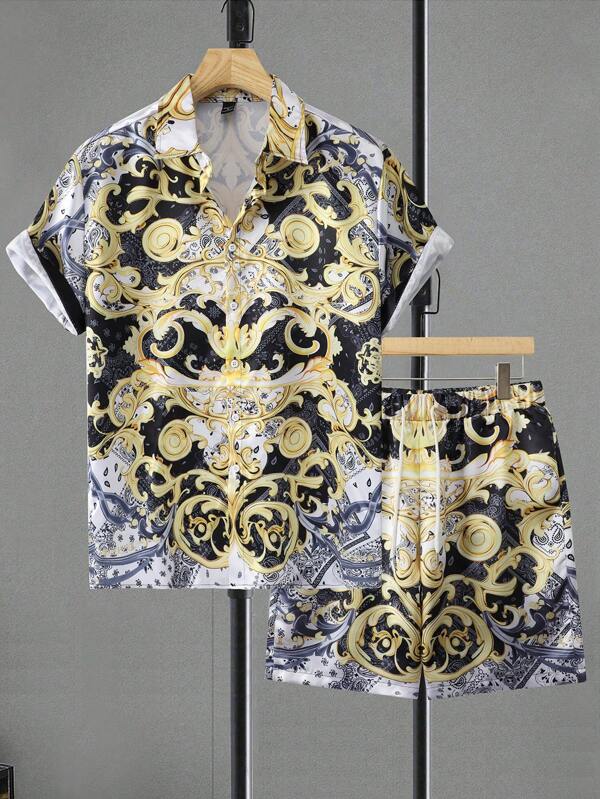 Manfinity AFTRDRK Men's Palace Pattern Front Button Short Sleeve Shirt And Drawstring Waist Shorts Set Sets For Men Men Shirt Co Ords