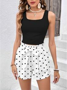 Glamance Anis Illustration 2pcs/Set Women Holiday Style Sleeveless Top And Polka Dot Print Shorts, Summer