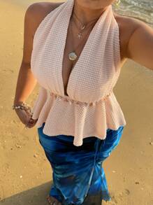 Flirla Plus Size Women's Elegant Pineapple Pattern Patchwork Accessory Design Halter Neck Tie Tank Top, Stylish For Spring/Summer Beach Holiday - Apricot - View 3