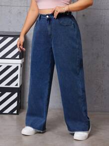 SHEIN ICON 夏季大码女式宽松蓝色带口袋牛仔裤 - 深色水洗藍 - 查看 3