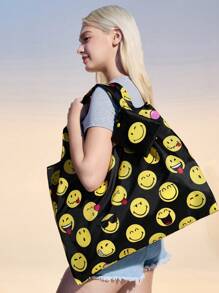 SmileyWorld® | SHEIN 1pc Cute Smiling Face Printed Polyester Foldable Shopping Bag, Tote Bag, Equipped With A Small Storage Bag With A Bead Chain, Can Be Hung On A Bag
