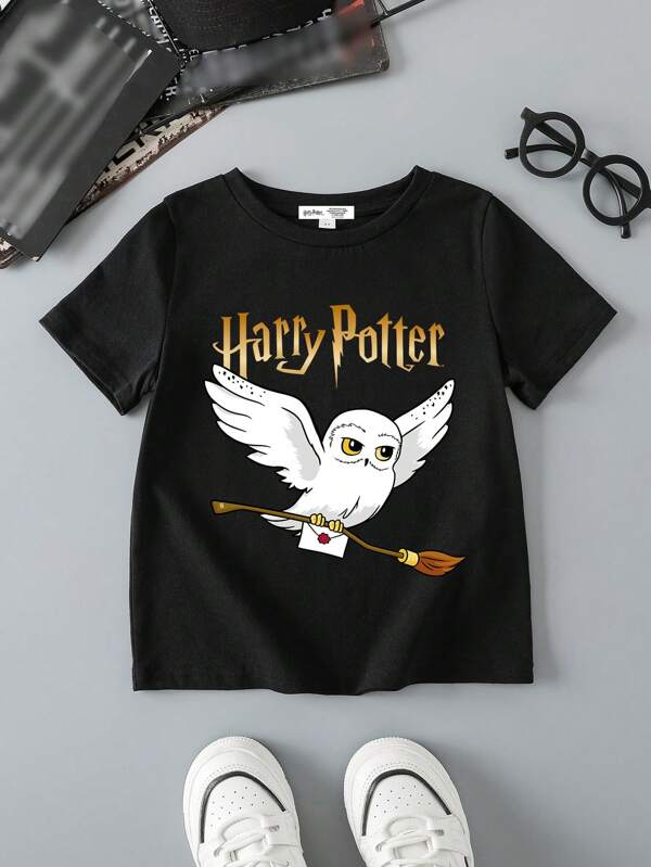 HARRY POTTER X SHEIN Tricou negru cu desene animate casual în engleză cu litere Hedwig Owl, model grafic, mânecă scurtă, guler rotund, confortabil de vară
