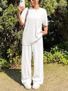 SHEIN EZwear Summer Knitted Textured Loose T-Shirt And Pants Casual Set