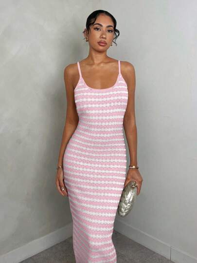 Glamine Elegant Sleeveless Midi Length Black & White Striped Knitted Dress For Women, Spring/Summer Vacation Outfits Women Skirt